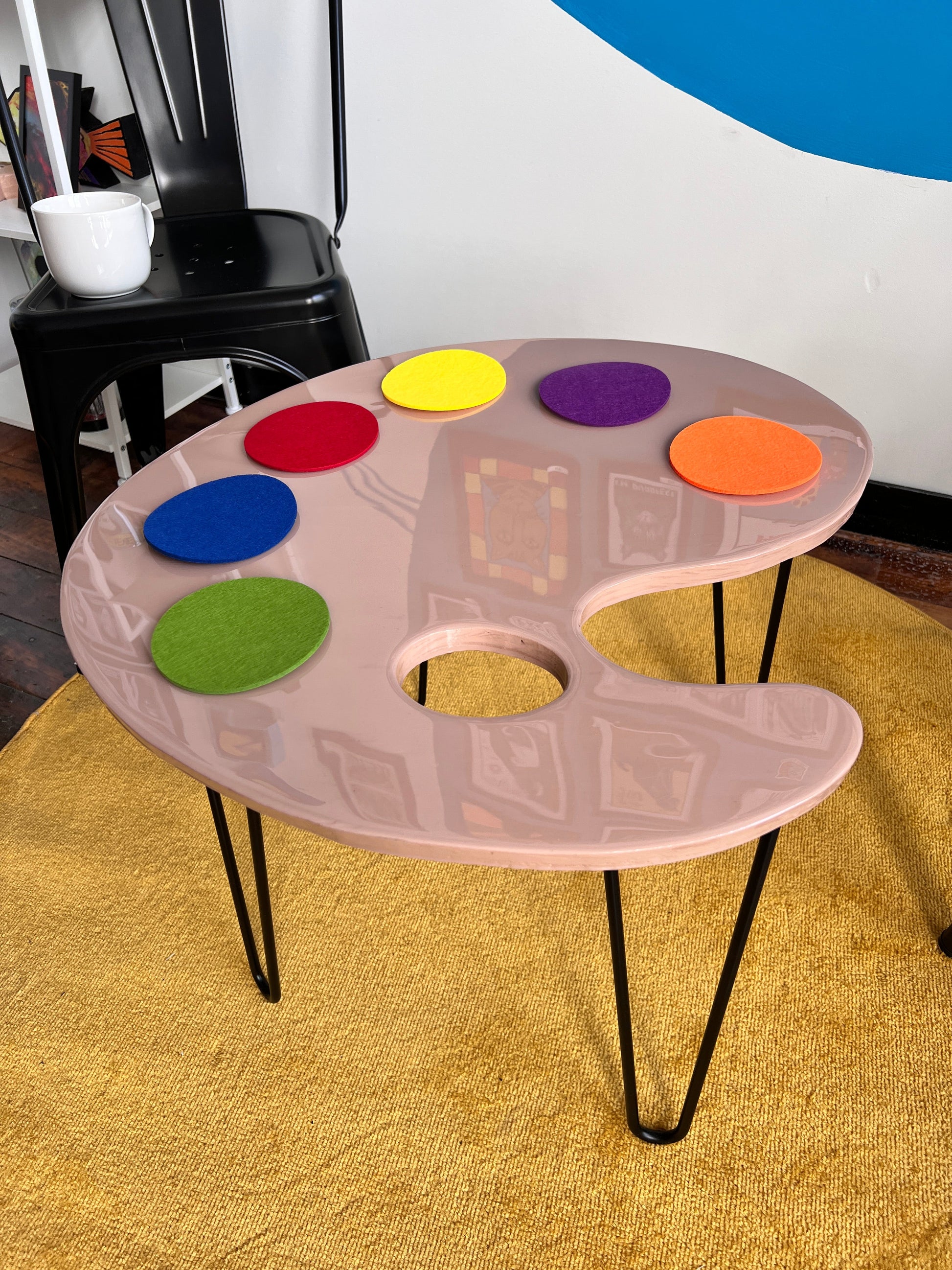 Art Palette w/ Paint Coasters: Coffee Table: 24x24’’ with 16’’ legs - Furniture