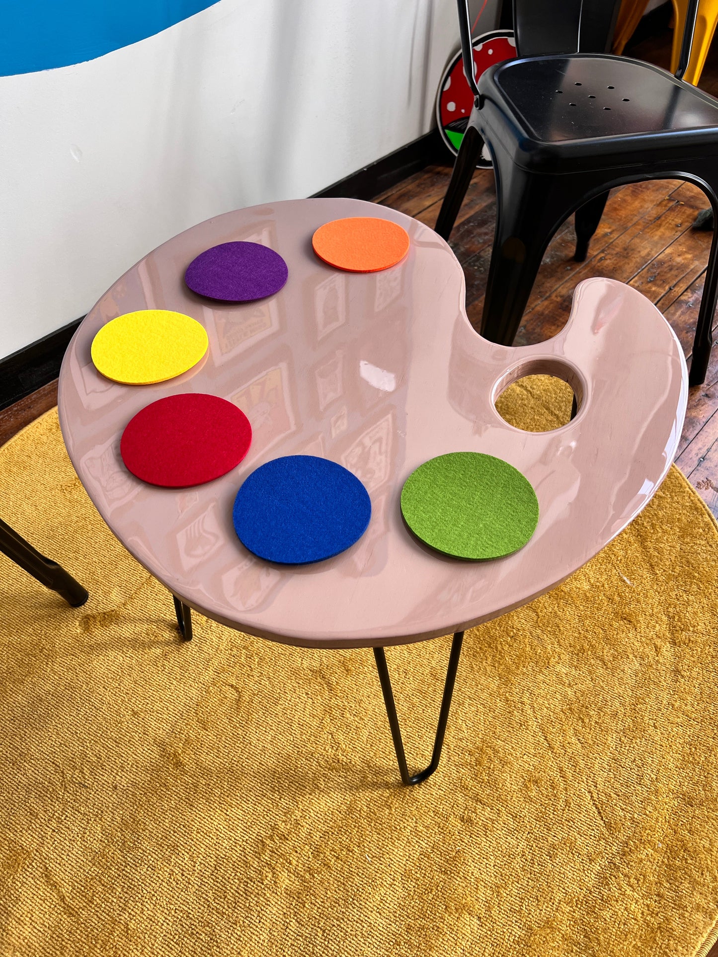 Art Palette w/ Paint Coasters: Coffee Table: 24x24’’ with 16’’ legs - Furniture