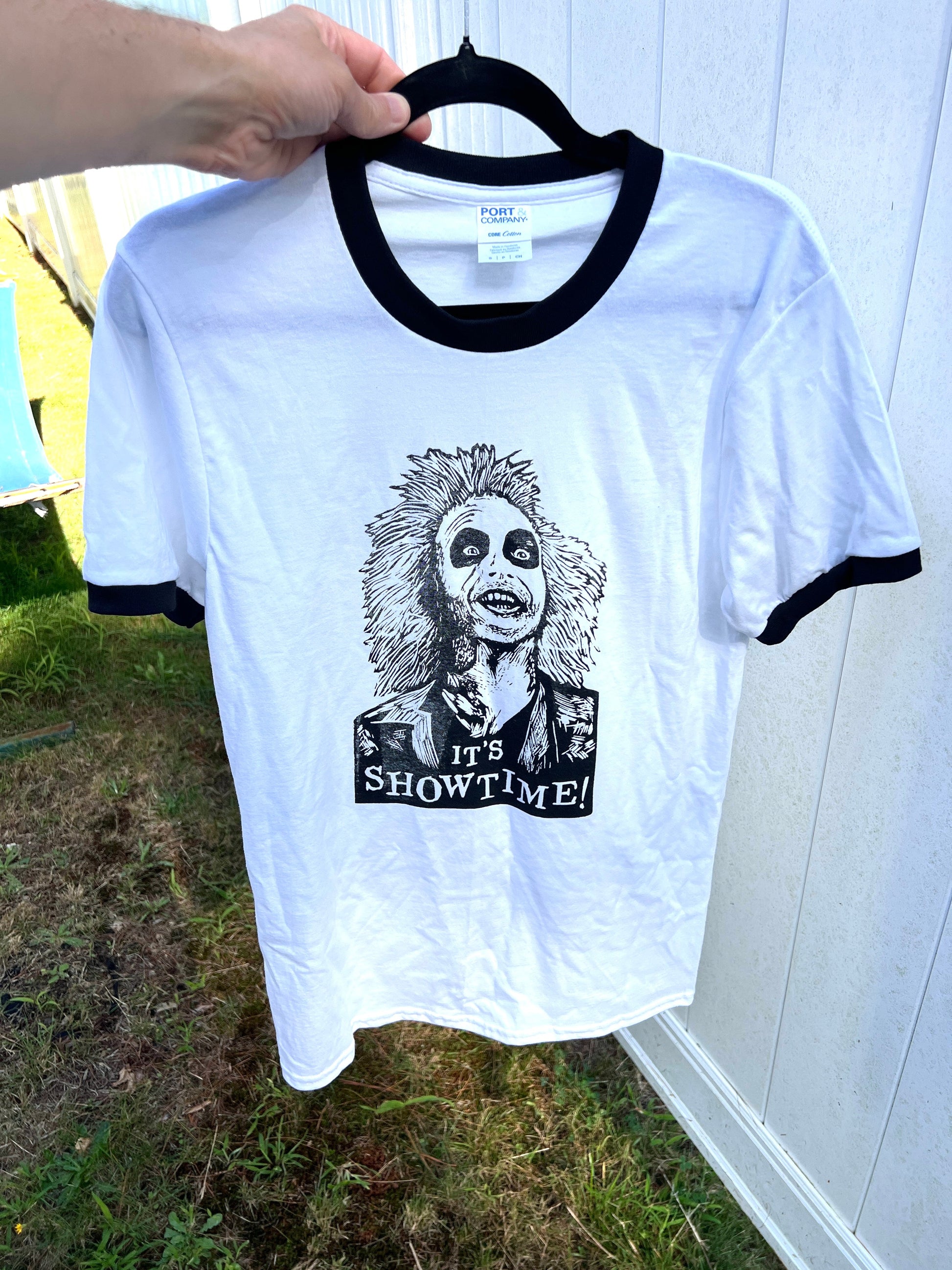 Beetlejuice - It’s Showtime! - screen print t-shirt SMALL Men’s Ringer Tee - Arts & Crafts