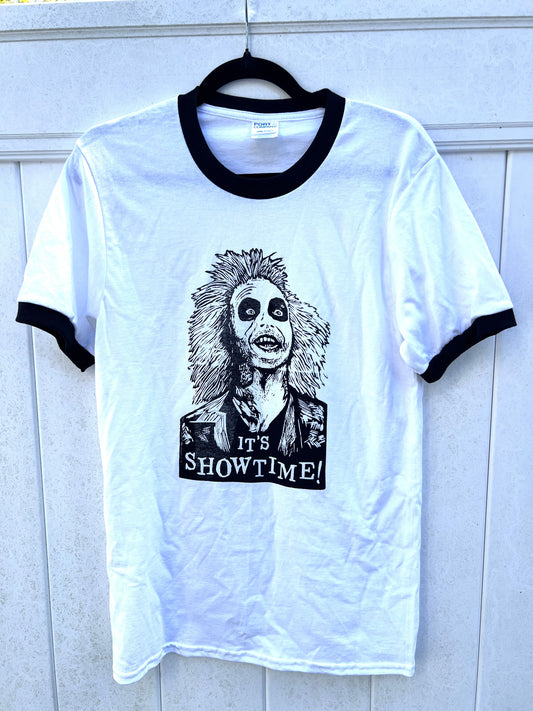 Beetlejuice - It’s Showtime! - screen print t-shirt SMALL Men’s Ringer Tee - Arts & Crafts