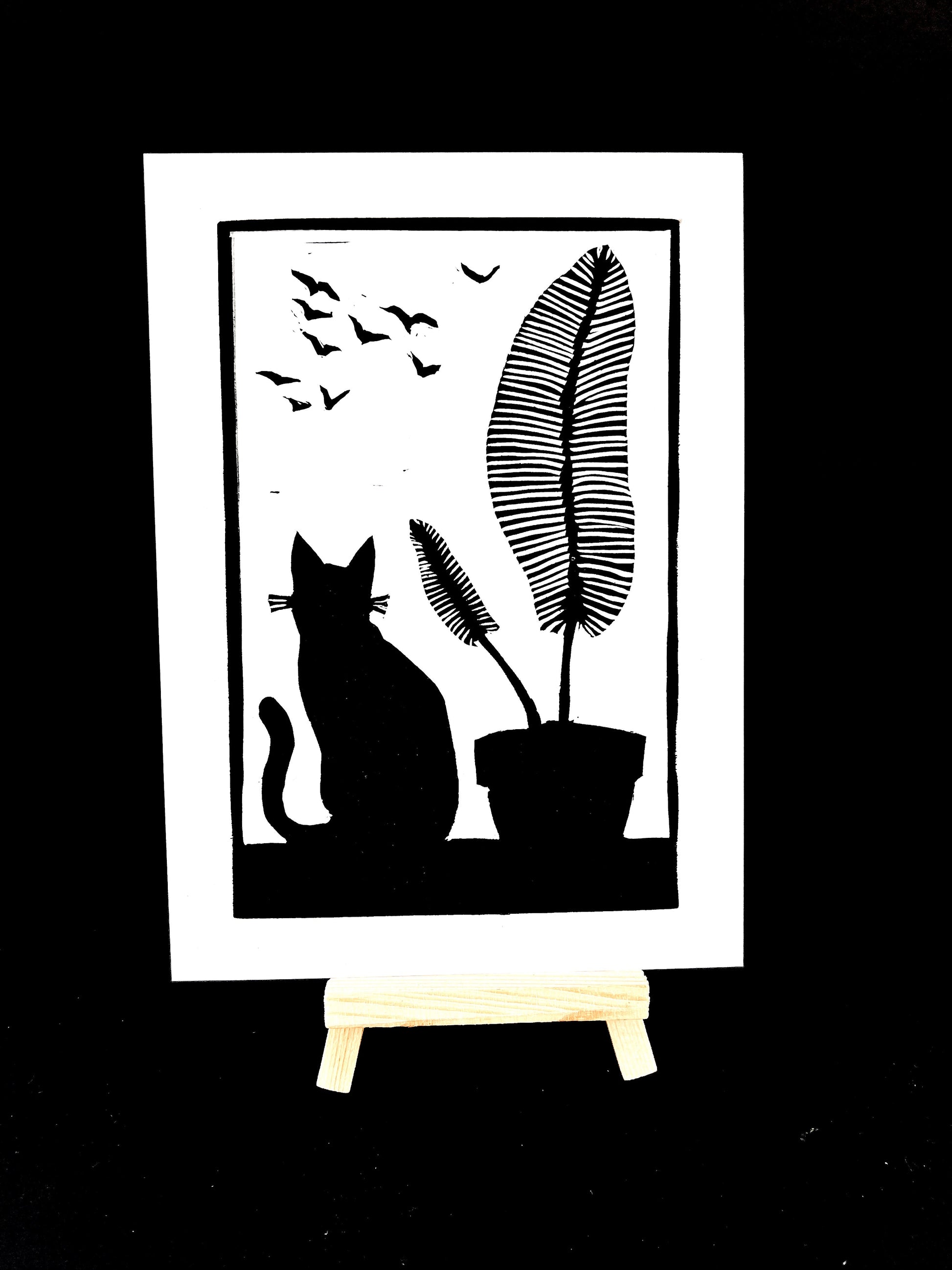 Cat Silhouette Fern and Birds - Arts & Crafts