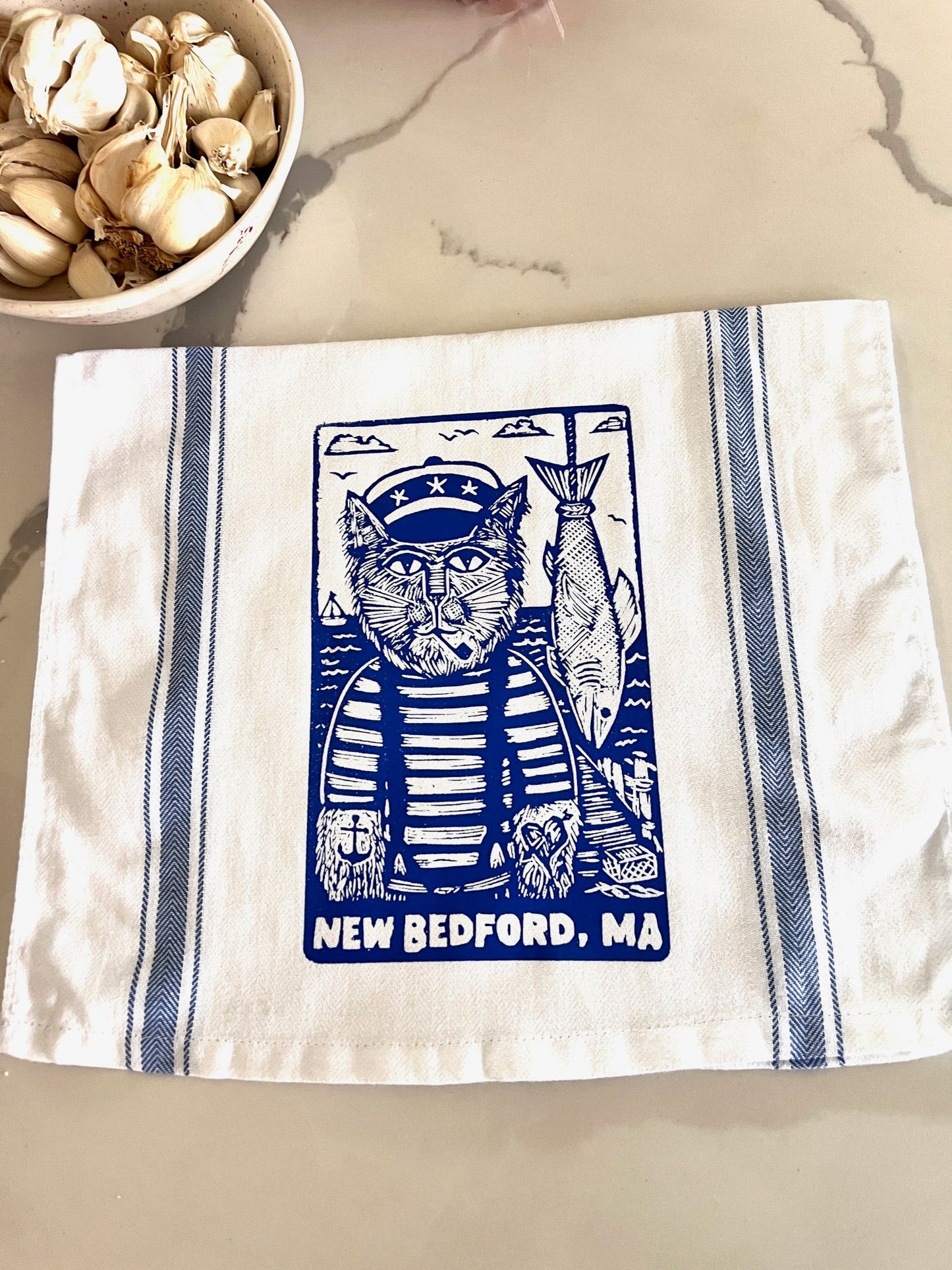 NEW BEDFORD MA Kitty Captain Fisherman - tea towel all cotton kitchen cooking - Towel