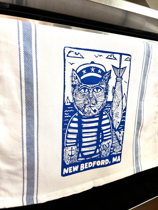 NEW BEDFORD MA Kitty Captain Fisherman - tea towel all cotton kitchen cooking - Towel