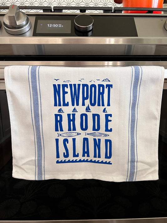 Newport Rhode Island - tea towel all cotton kitchen fish waves boats - Towel