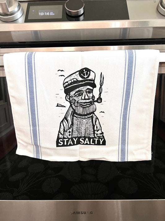STAY SALTY Wooden Boat Captain - tea towel all cotton kitchen cooking baking food - Towel