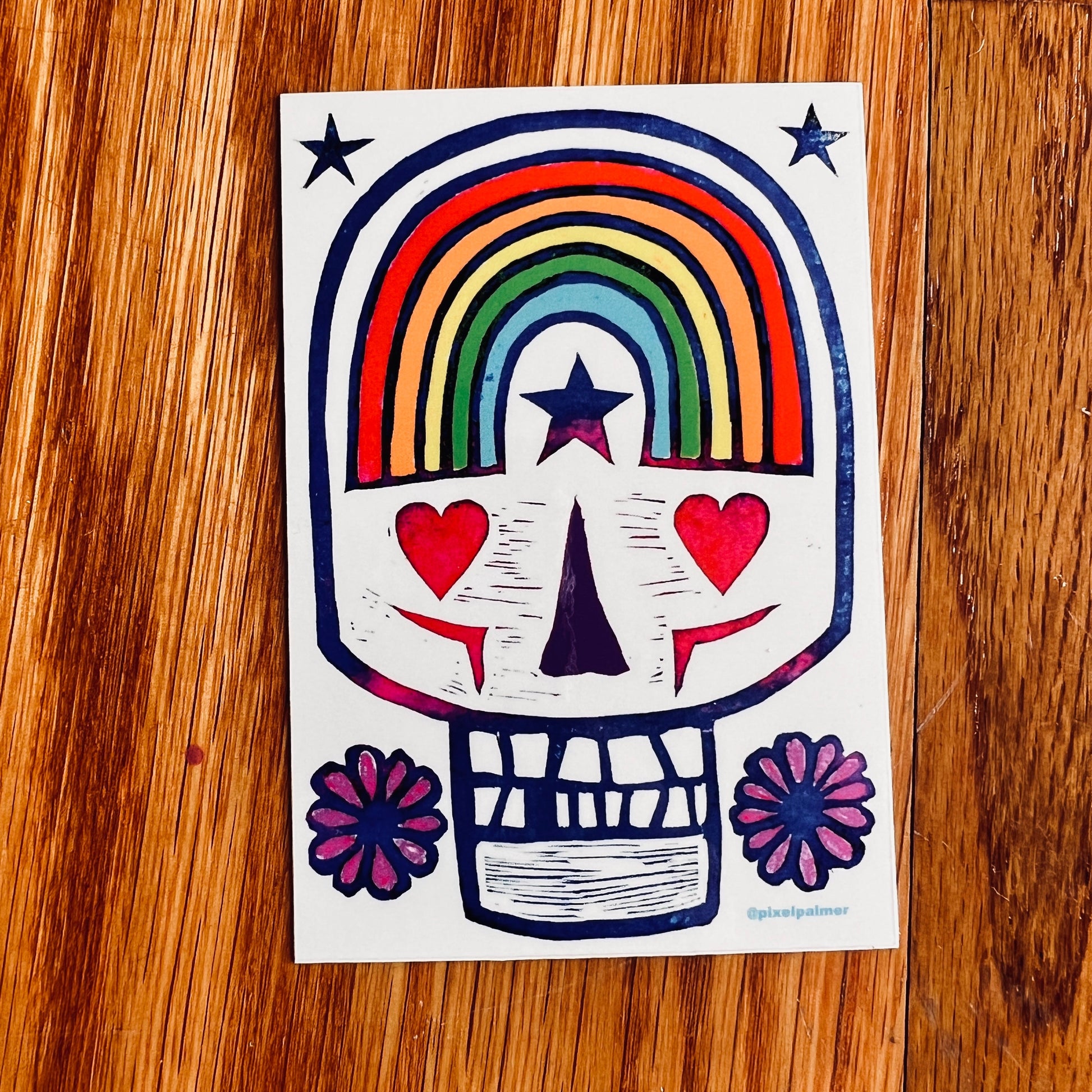 Sweet Rainbow Sugar Skull 2.75 x 4’’ glossy vinyl sticker from Pixel Palmer - Prints