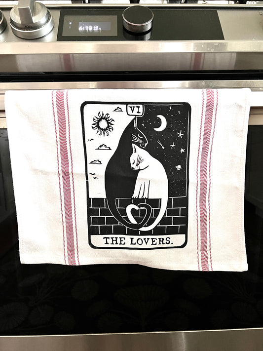 The Lovers Cat Tarot Card - tea towel all cotton kitchen - Towel