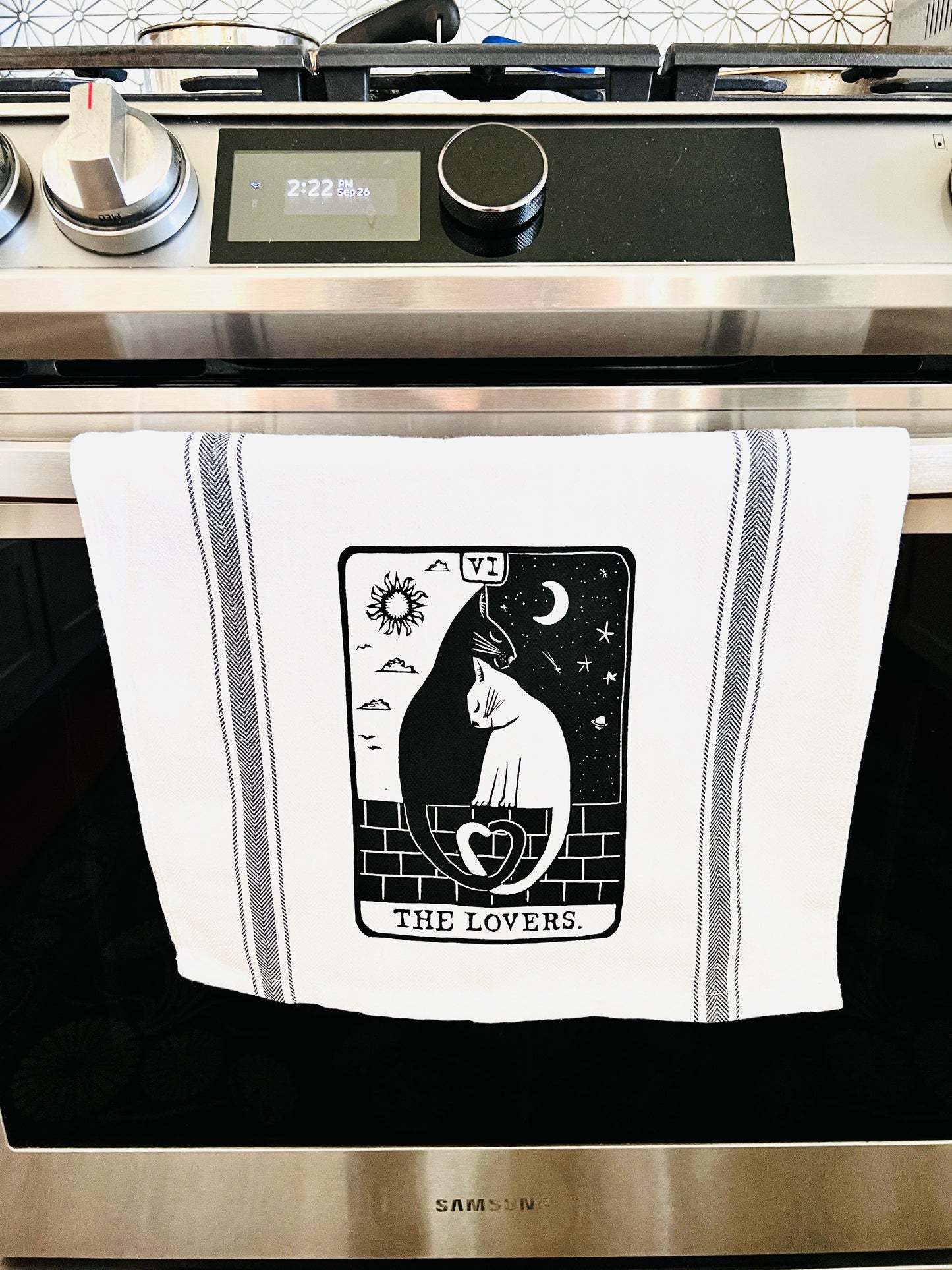 The Lovers Cat Tarot Card - tea towel all cotton kitchen cooking baking food - Towel