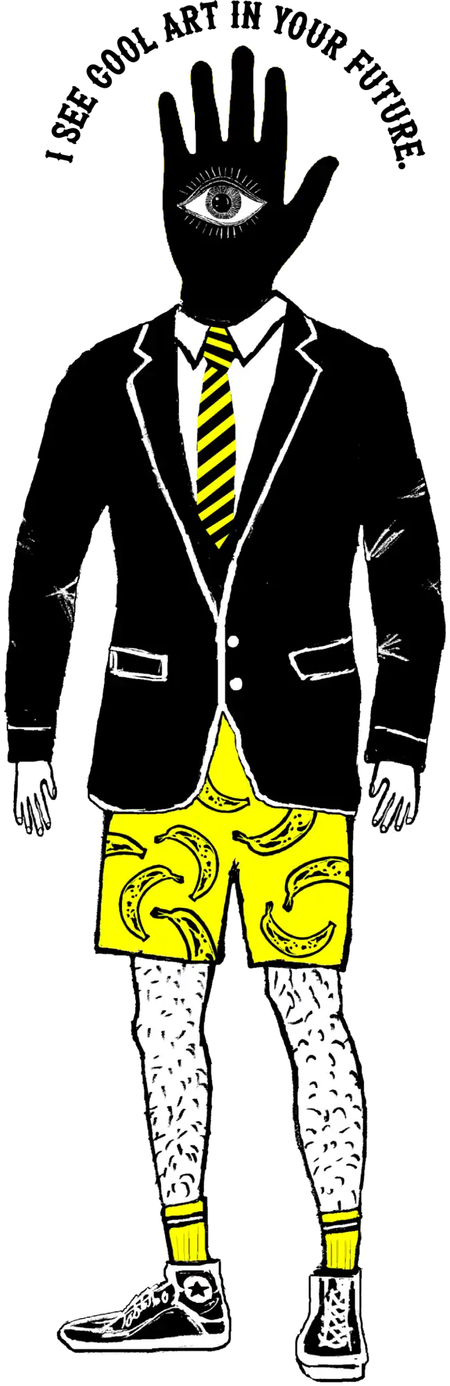 A whimsical character wearing a black suit jacket, a yellow and black striped tie, yellow shorts with banana print, and black high-top sneakers.