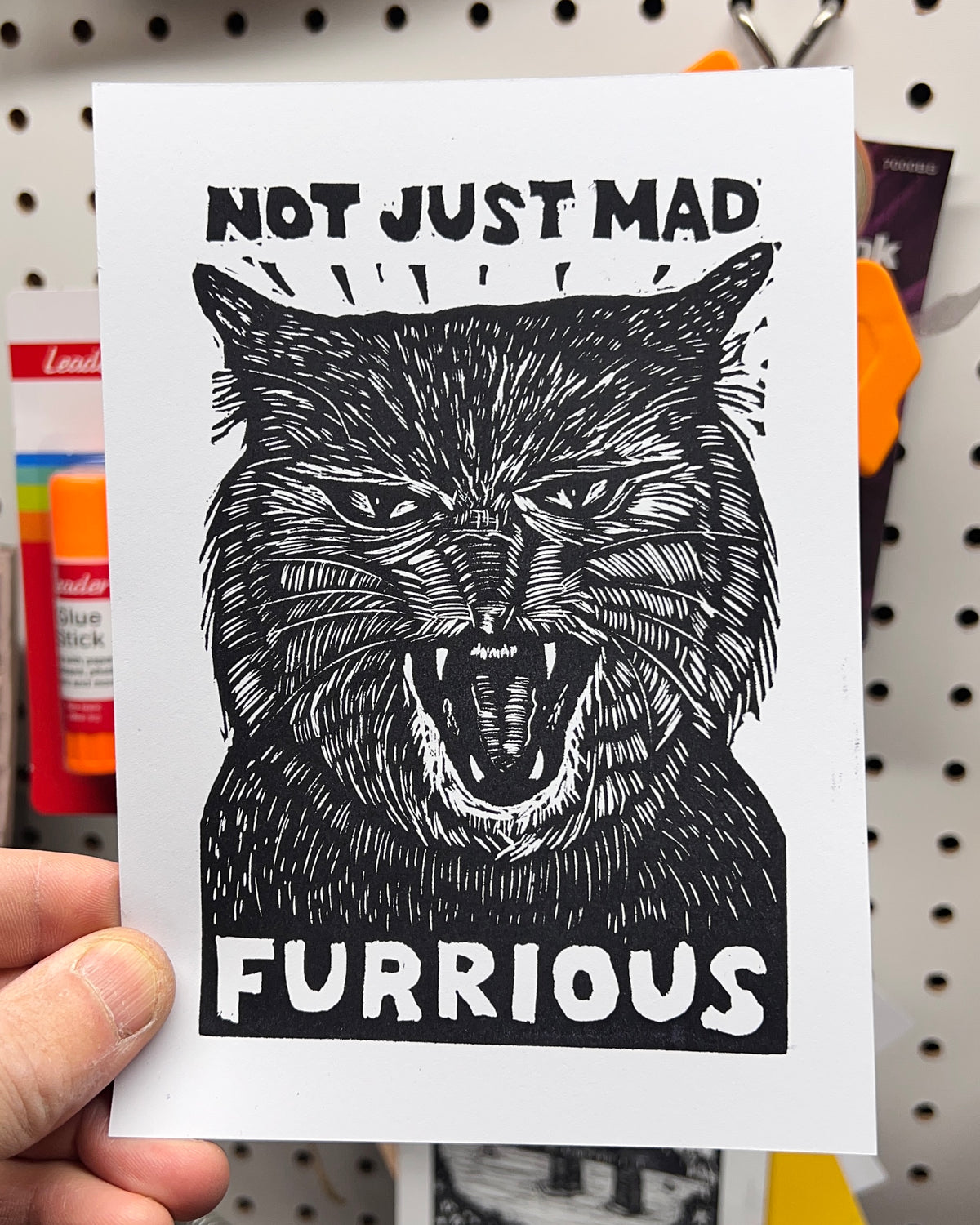 NOT JUST MAD FURRIOUS - block print linocut cat feline