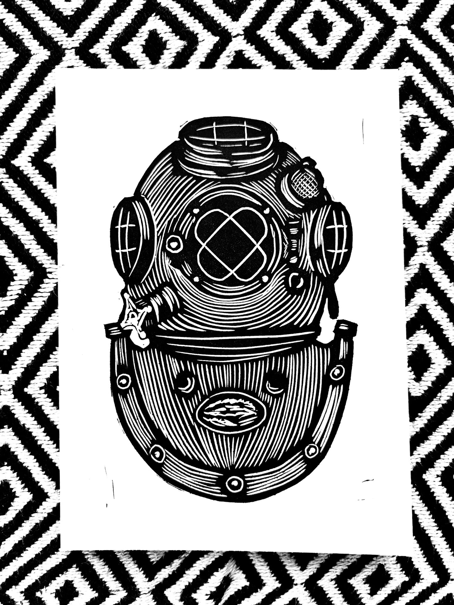 Deep Sea Diving Helmet Vintage - block print blockprint linocut woodcut ocean