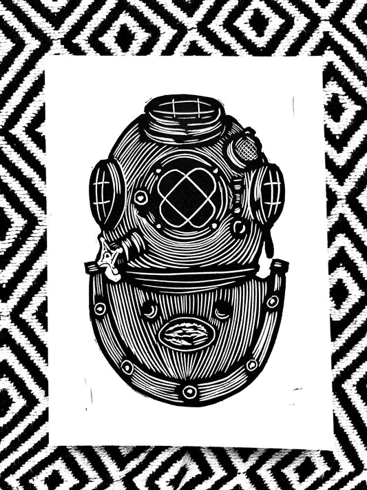 Deep Sea Diving Helmet Vintage - block print blockprint linocut woodcut ocean