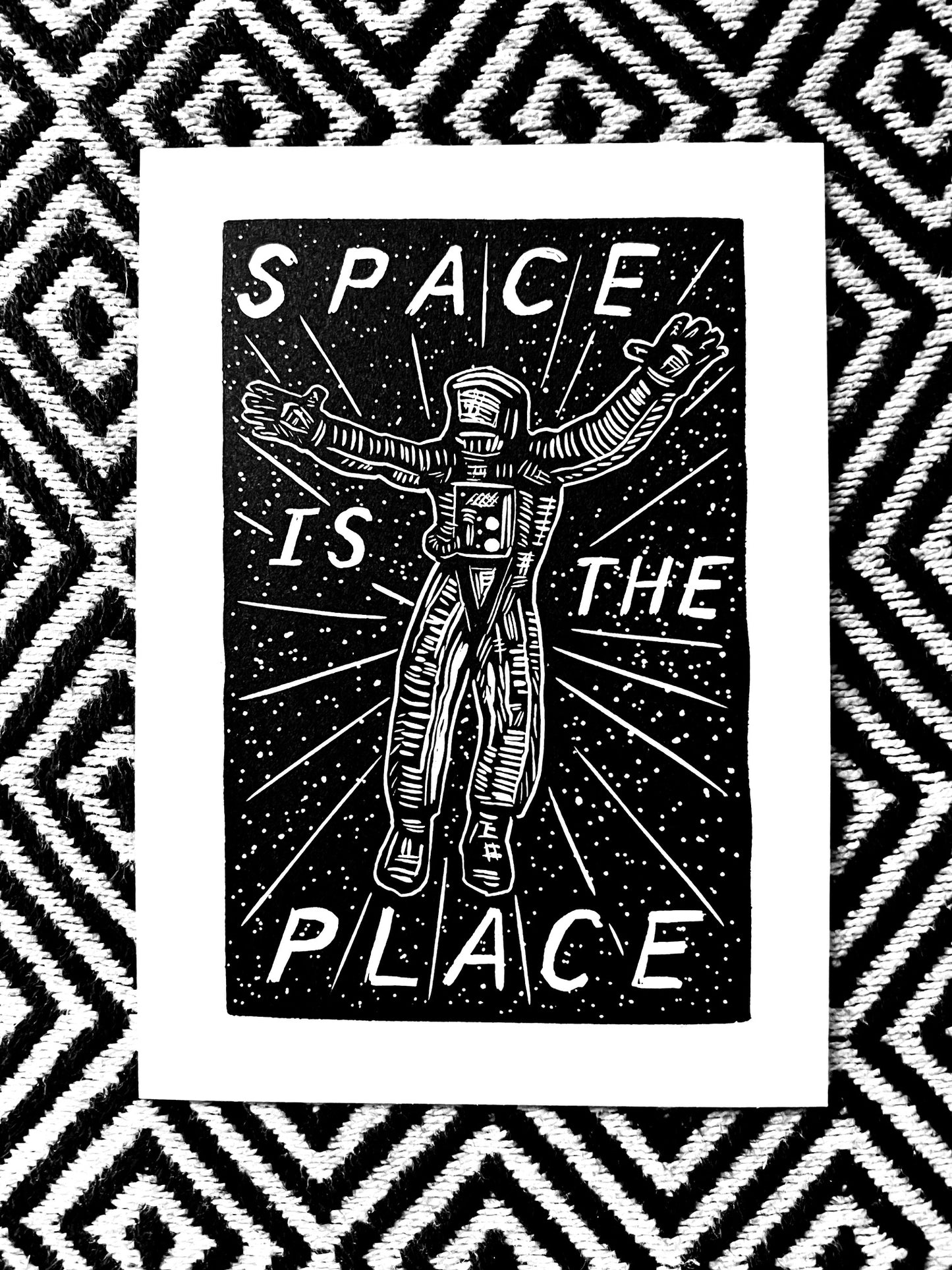SPACE IS THE PLACE - astronaut block print linocut woodcut