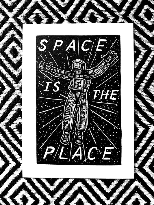 SPACE IS THE PLACE - astronaut block print linocut woodcut
