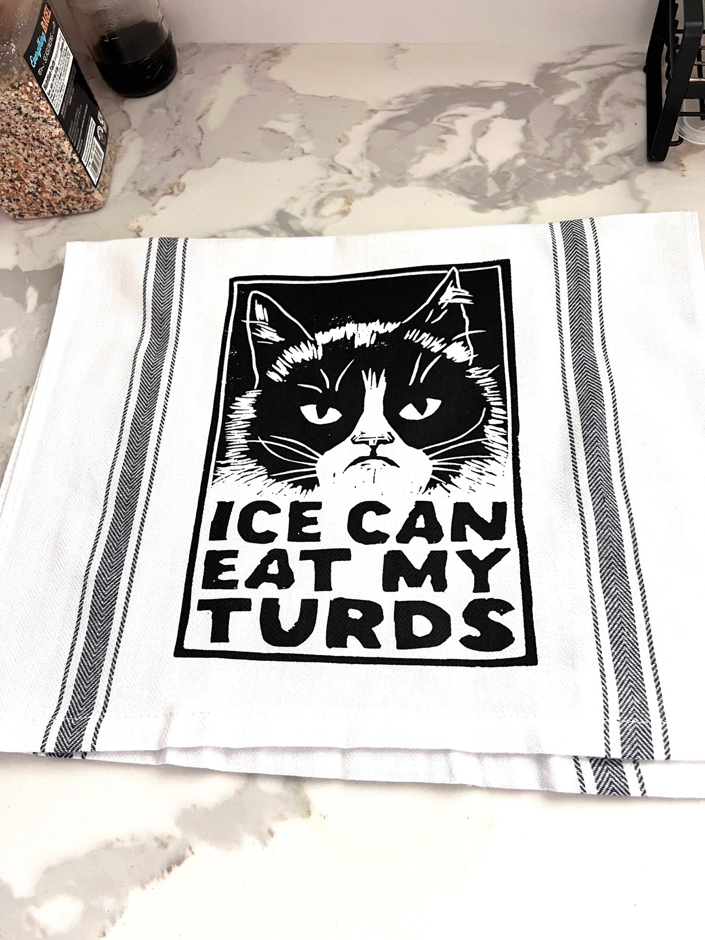 ICE CAN EAT MY TURDS - all cotton tea towel cat cats feline resist kitchen cooking