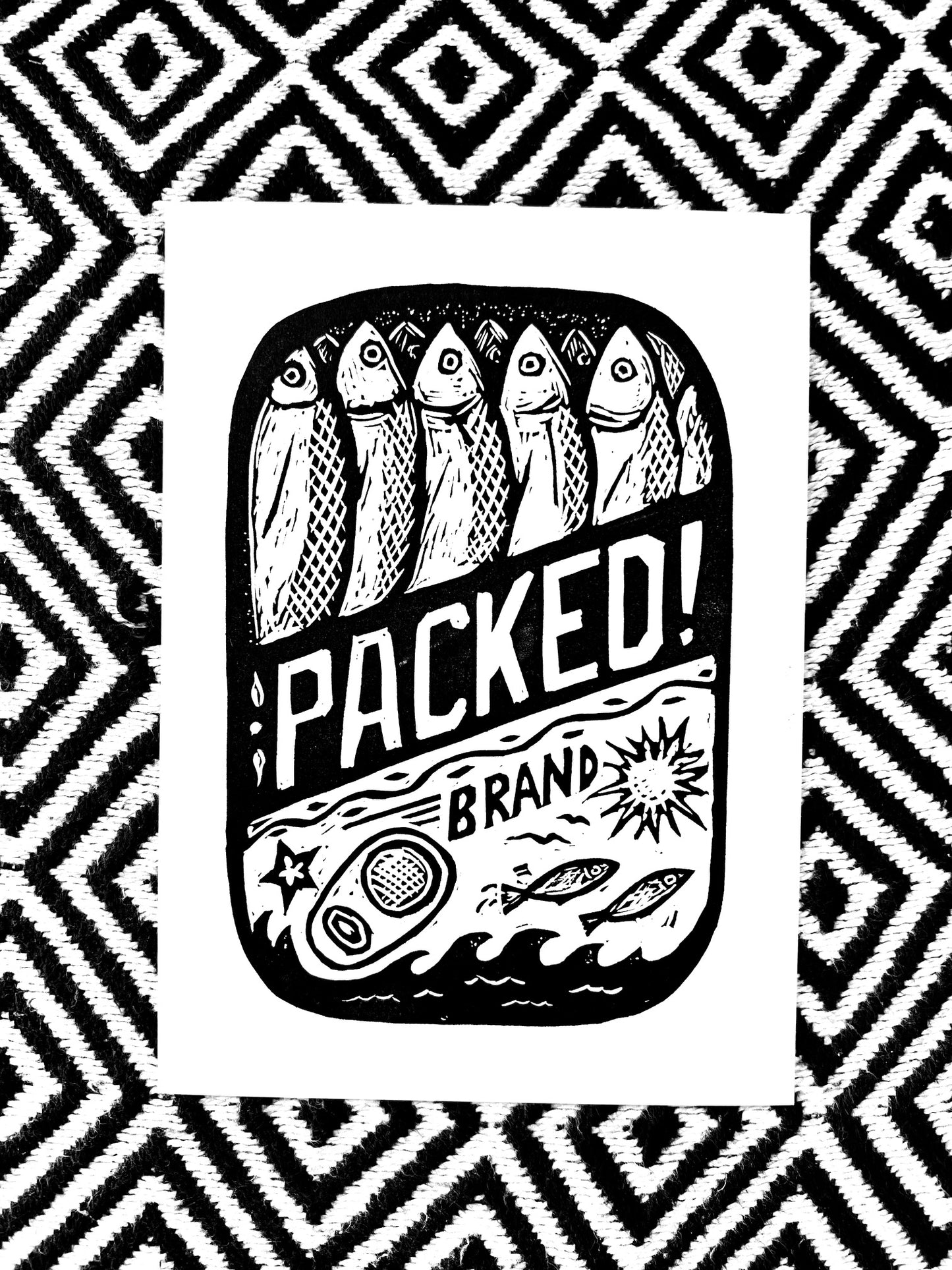 PACKED! Sardines Canned Fish brand - block print linocut woodcut nautical kitchen