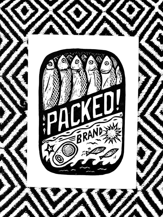 PACKED! Sardines Canned Fish brand - block print linocut woodcut nautical kitchen