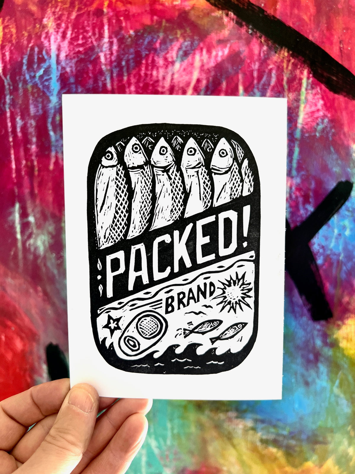 PACKED! Sardines Canned Fish brand - block print linocut woodcut nautical kitchen