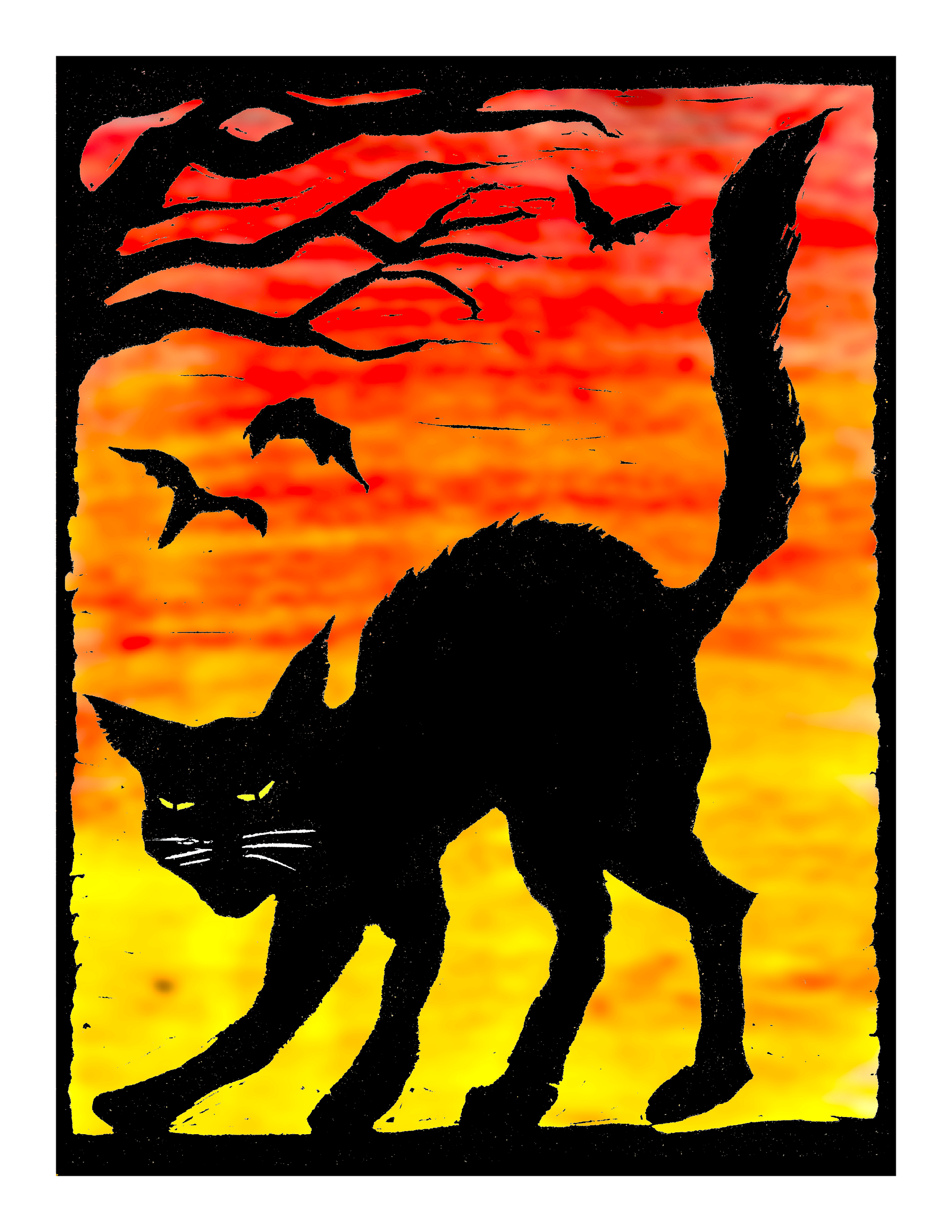 Black Cat and Bats / Halloween (8.5 x 11’’) color print - Arts & Crafts