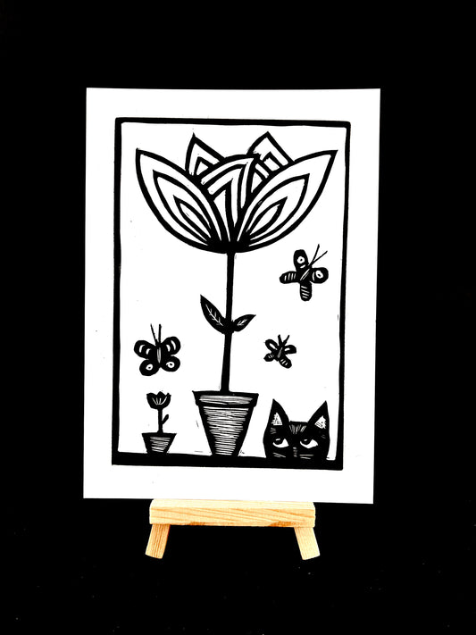 Black Cat stares down the plant - PLANTZ Cat - Arts & Crafts