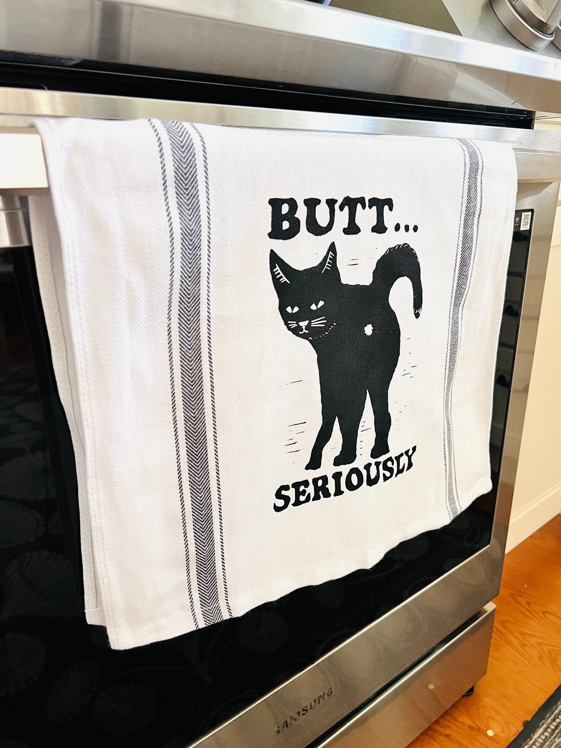 BUTT... SERIOUSLY Black Cat - tea towel all cotton kitchen cooking baking food - Towel