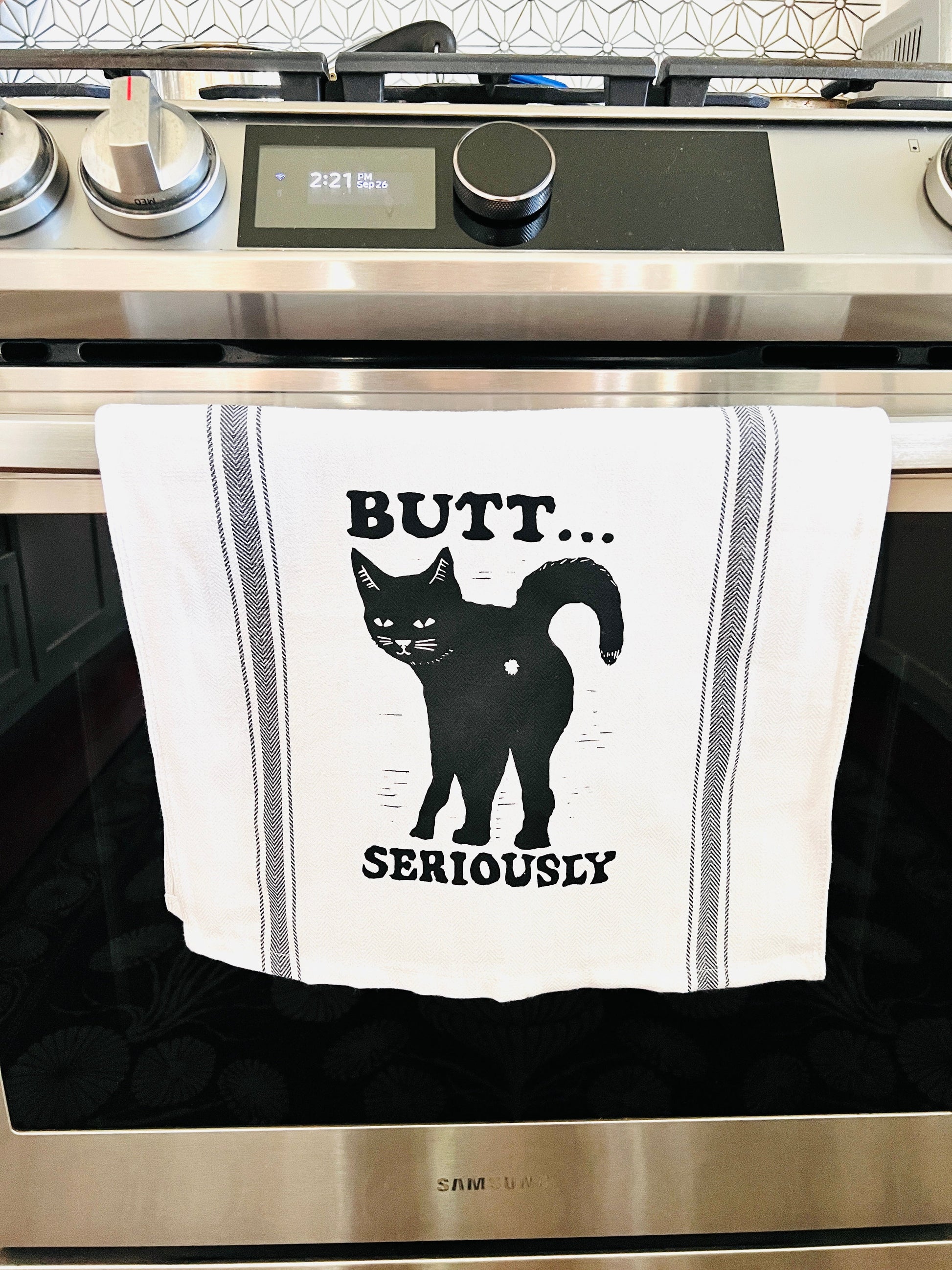 BUTT... SERIOUSLY Black Cat - tea towel all cotton kitchen cooking baking food - Towel