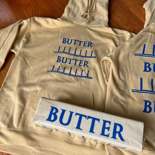 BUTTER Hoodie - Front & Back Screen Print cream fabric blue ink unisex adult sizes - Apparel