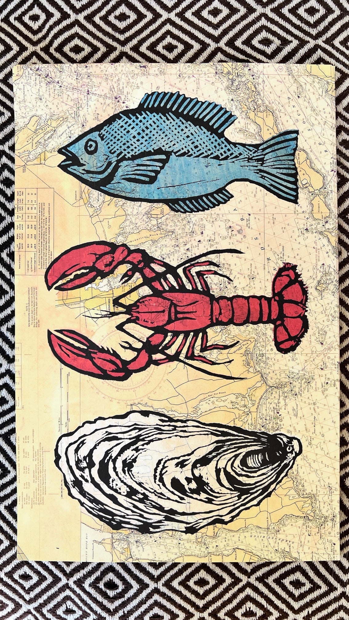 CAPE COD TRIO: Oyster Lobster Fish on Nautical Chart - 11x17’’ reproduction color print - Prints