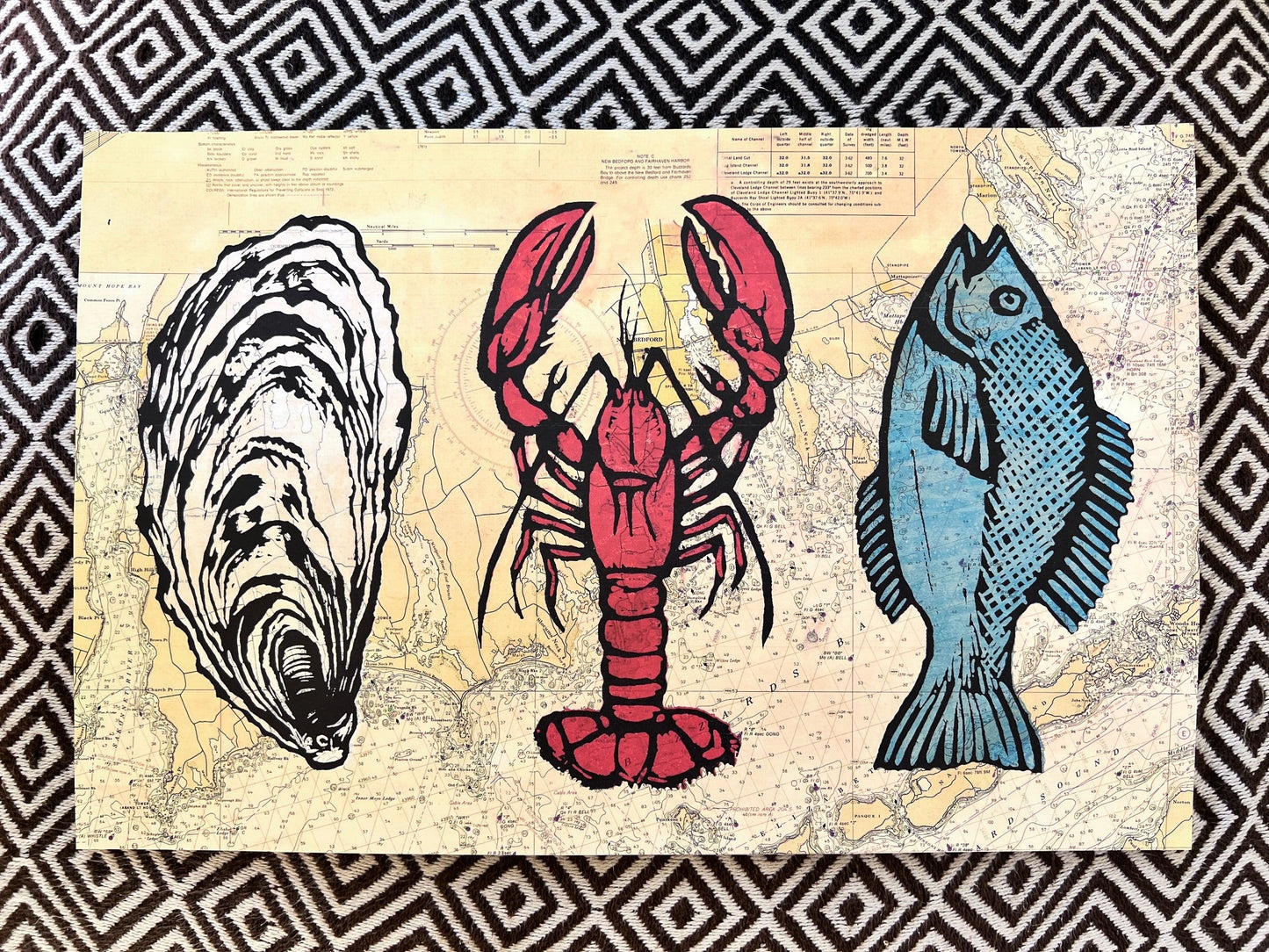 CAPE COD TRIO: Oyster Lobster Fish on Nautical Chart - 11x17’’ reproduction color print - Prints