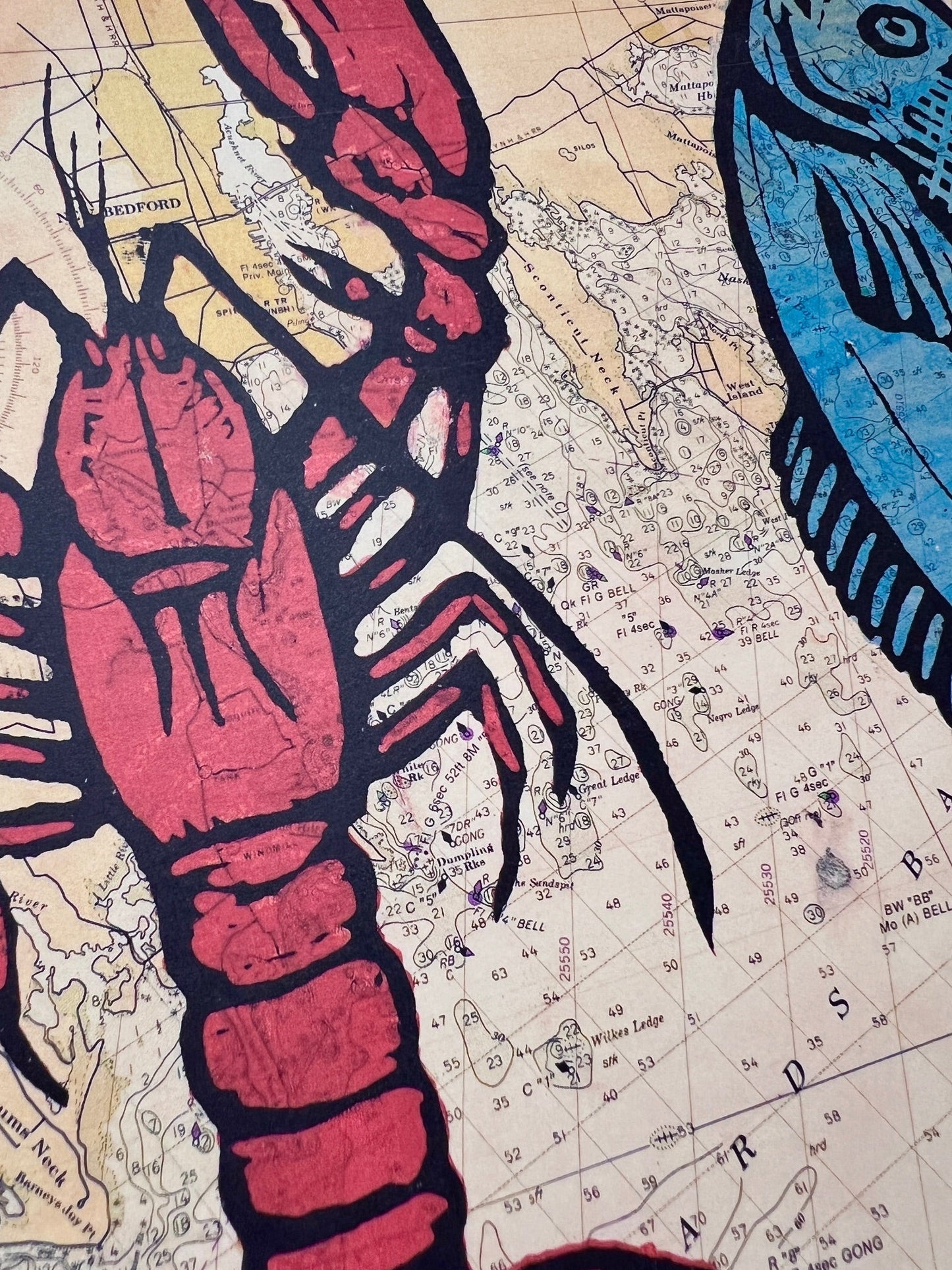 CAPE COD TRIO: Oyster Lobster Fish on Nautical Chart - 11x17’’ reproduction color print - Prints