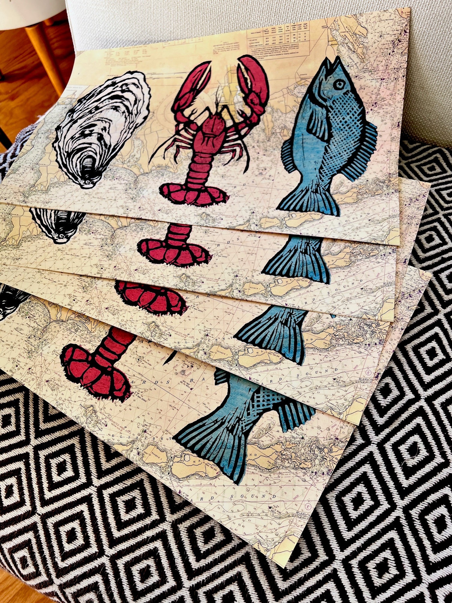 CAPE COD TRIO: Oyster Lobster Fish on Nautical Chart - 11x17’’ reproduction color print - Prints