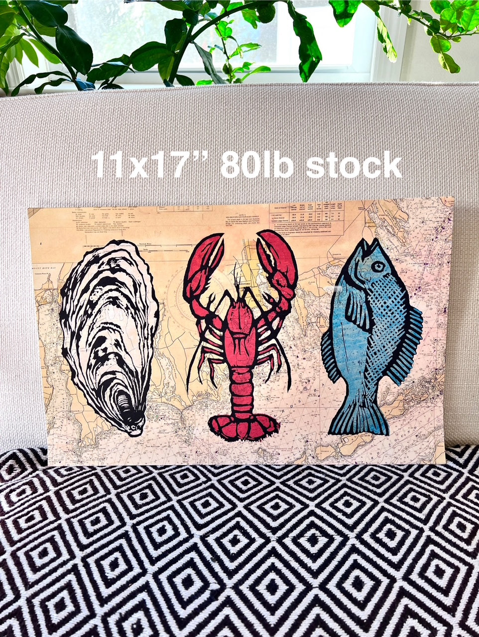 CAPE COD TRIO: Oyster Lobster Fish on Nautical Chart - 11x17’’ reproduction color print - Prints