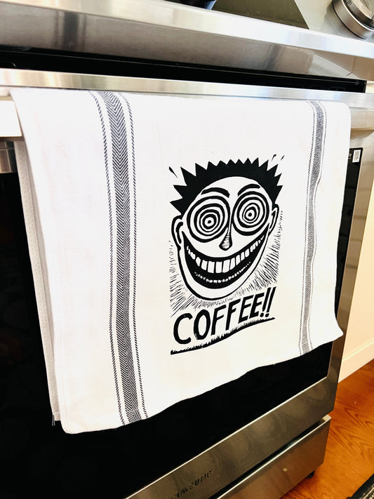 COFFEE!! Face - tea towel all cotton kitchen cooking baking food - Towel