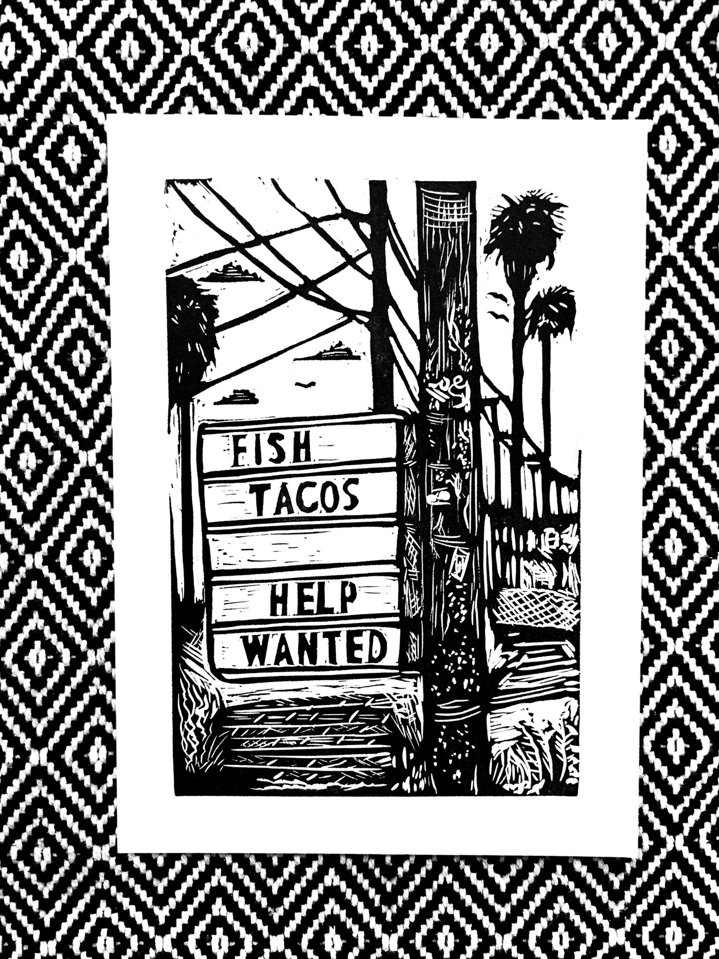 FISH TACOS HELP WANTED - block print linocut woodcut food