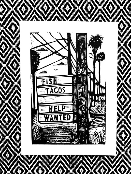FISH TACOS HELP WANTED - block print linocut woodcut food