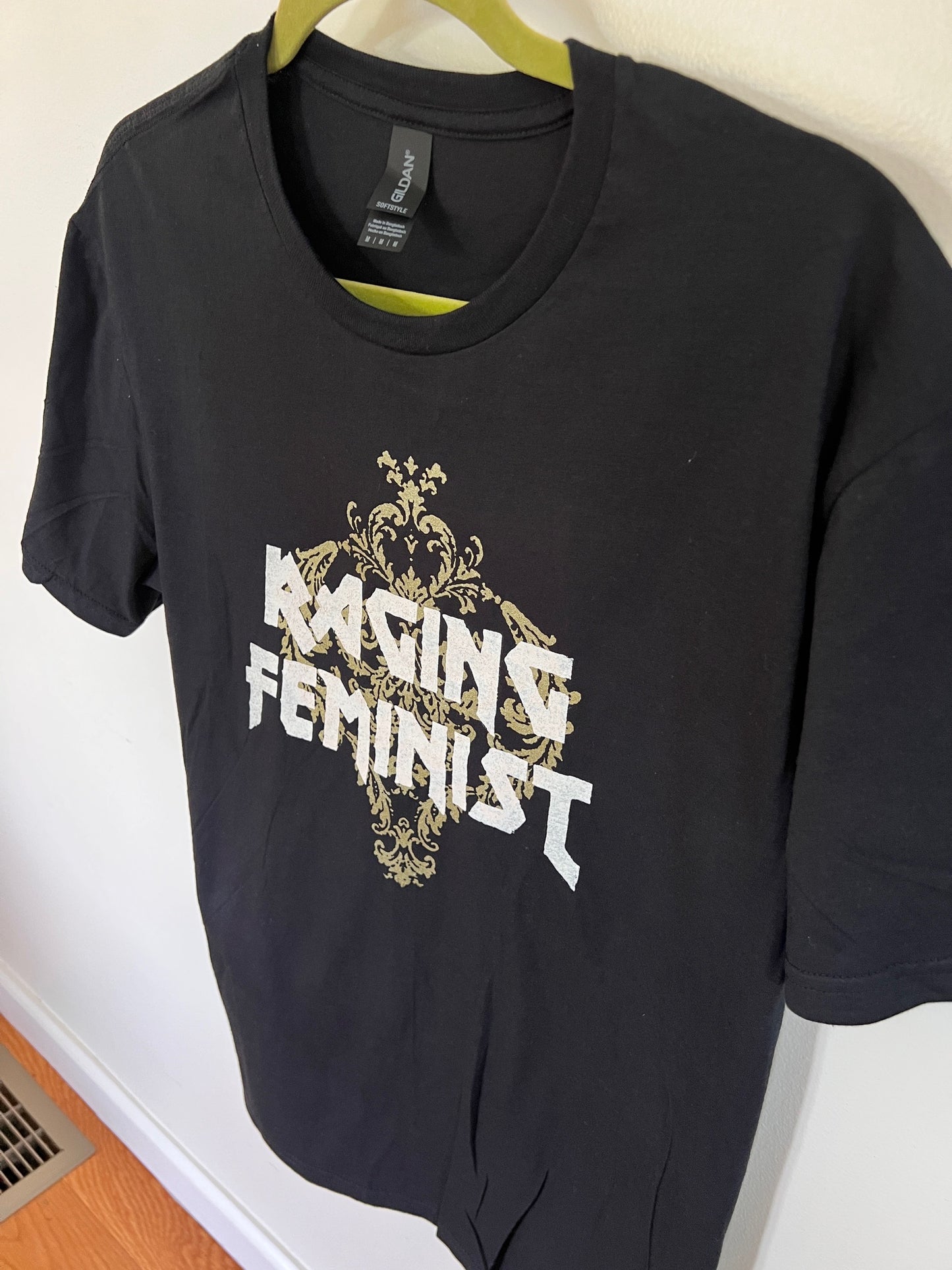 RAGING FEMINIST with Damask background - Black Tee All Cotton