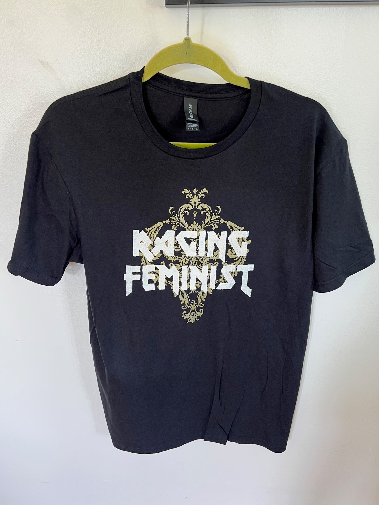 RAGING FEMINIST with Damask background - Black Tee All Cotton