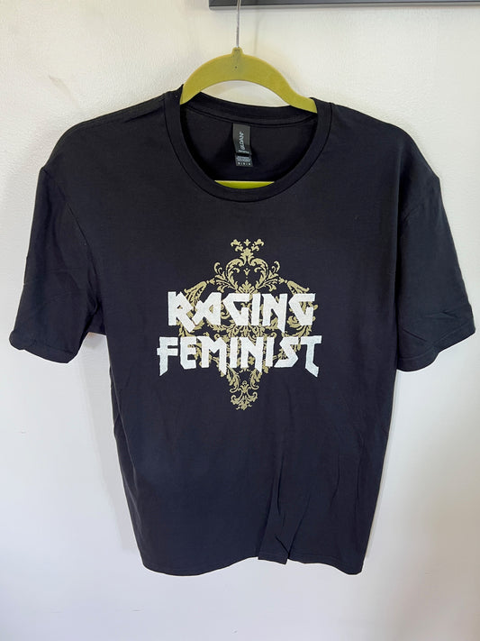 RAGING FEMINIST with Damask background - Black Tee All Cotton