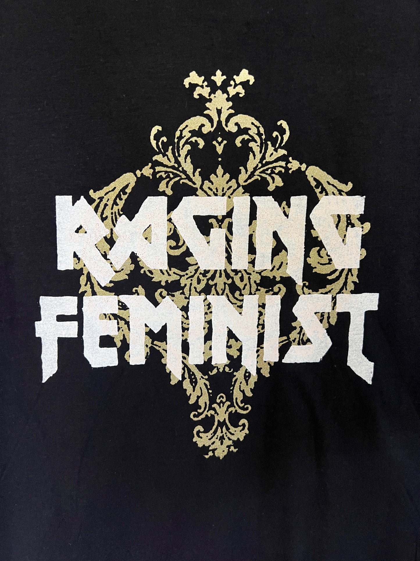 RAGING FEMINIST with Damask background - Black Tee All Cotton