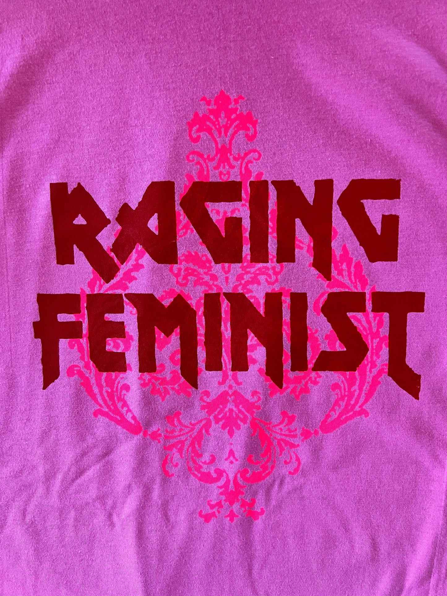 RAGING FEMINIST with Damask background - Pink Tee All Cotton
