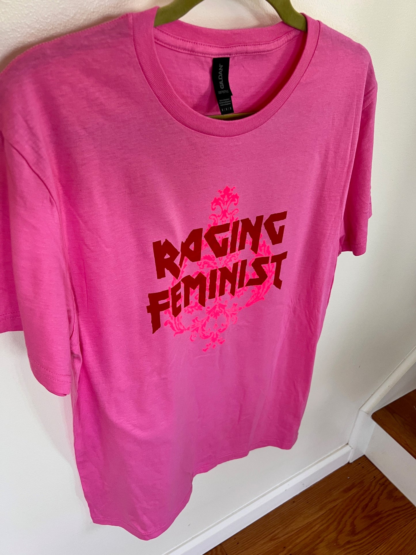 RAGING FEMINIST with Damask background - Pink Tee All Cotton