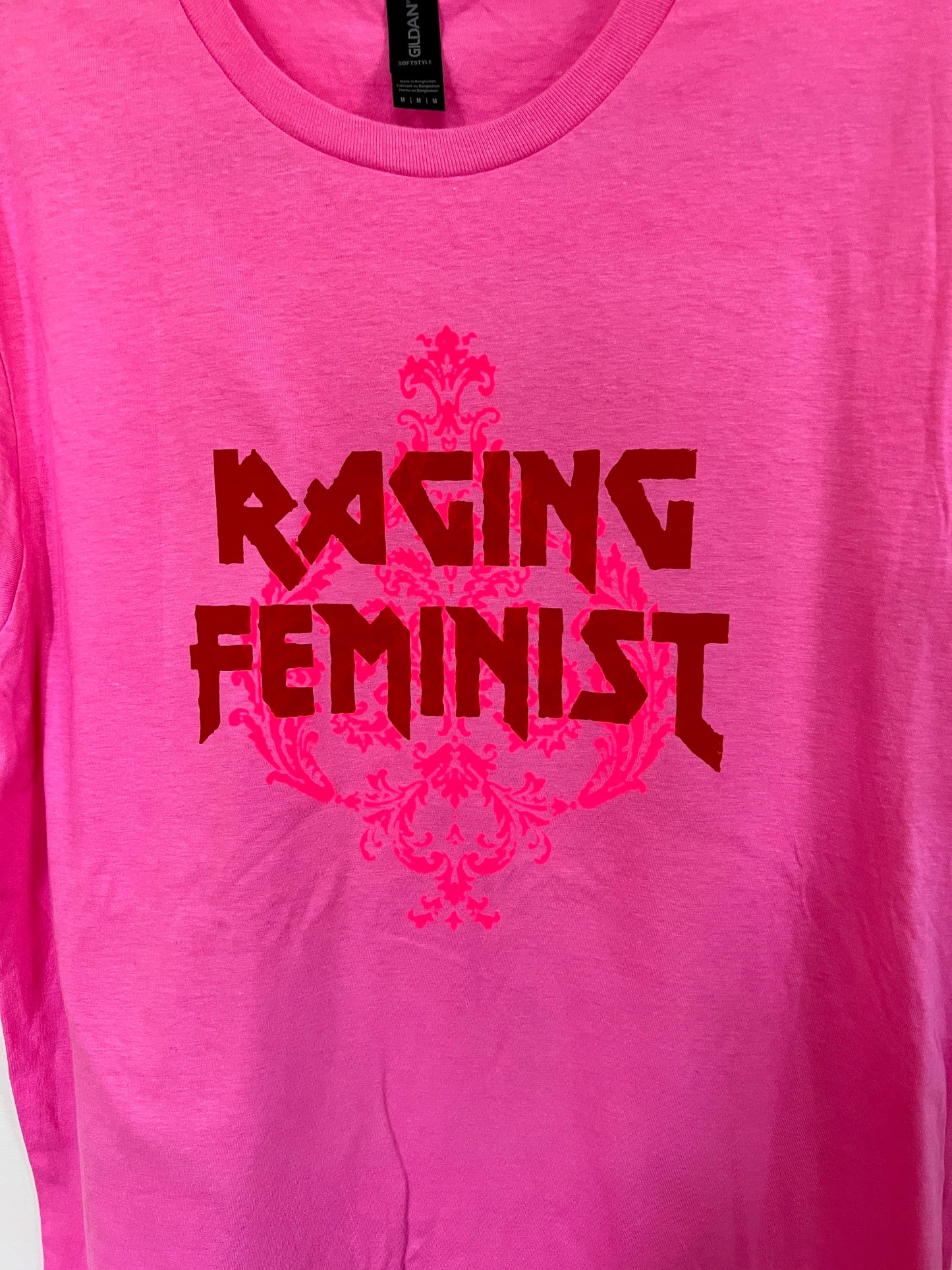 RAGING FEMINIST with Damask background - Pink Tee All Cotton