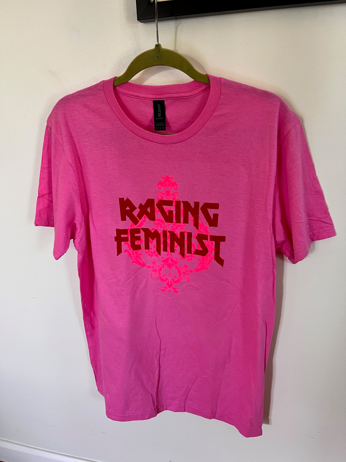 RAGING FEMINIST with Damask background - Pink Tee All Cotton