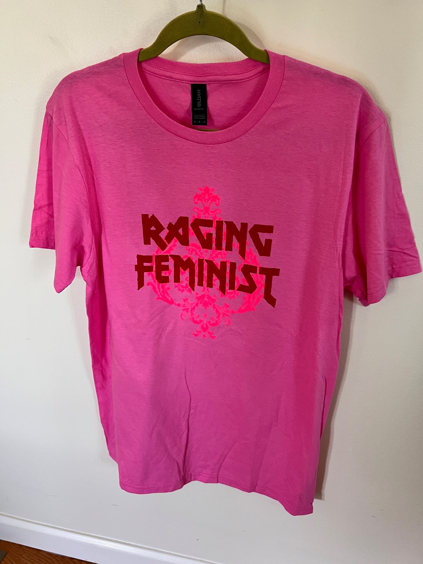 RAGING FEMINIST with Damask background - Pink Tee All Cotton