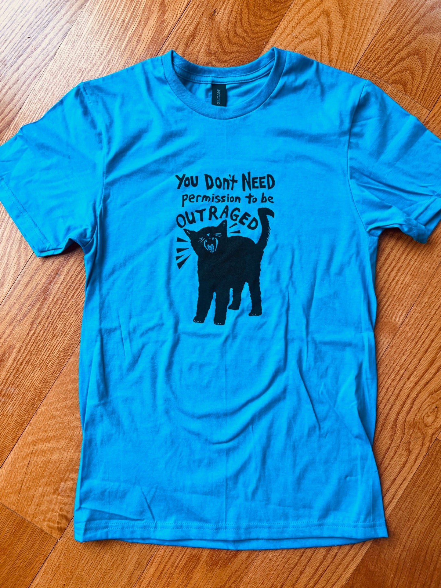 OUTRAGED! Tee - Black ink Blue S-XL all cotton Gildan SoftStyle - Apparel