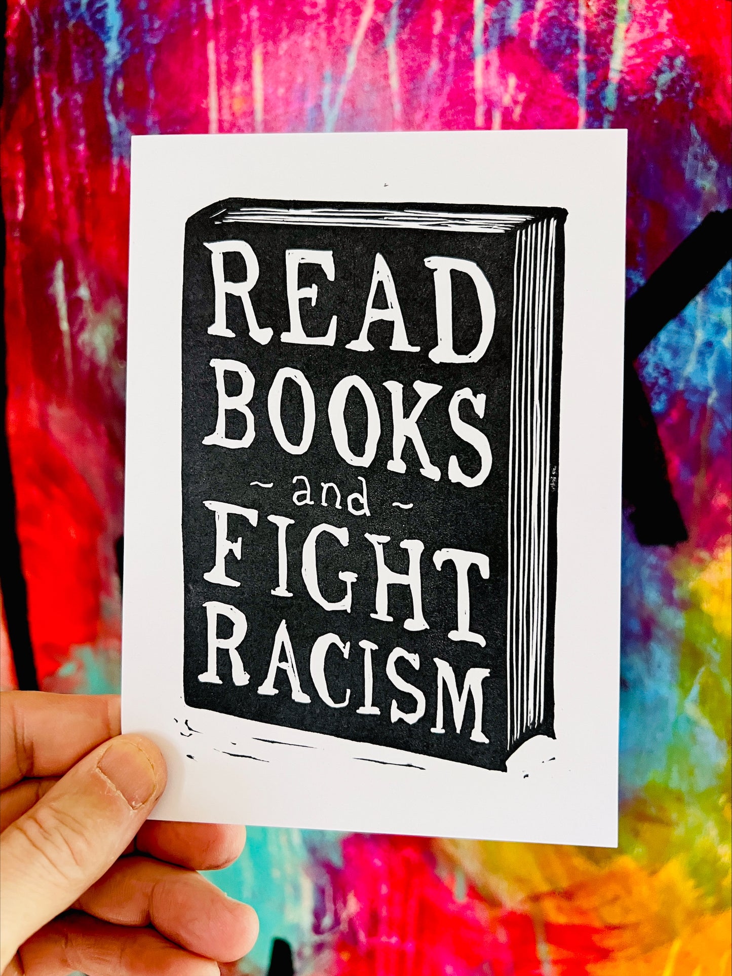 READ BOOKS ~and~ FIGHT RACISM block print linocut woodcut