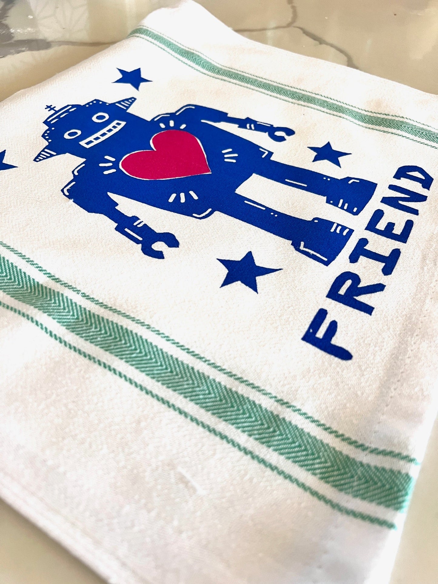 ROBOT FRIEND - tea towel all cotton kitchen cooking - Towel