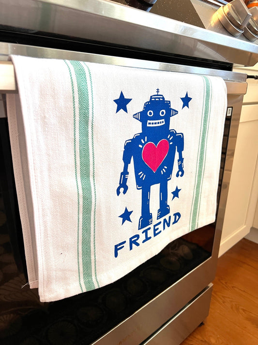 ROBOT FRIEND - tea towel all cotton kitchen cooking - Towel