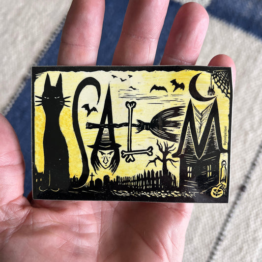 Salem Witch Cat Halloween Skull Ghost 2.75 x 4’’ glossy vinyl sticker from Pixel Palmer - Prints