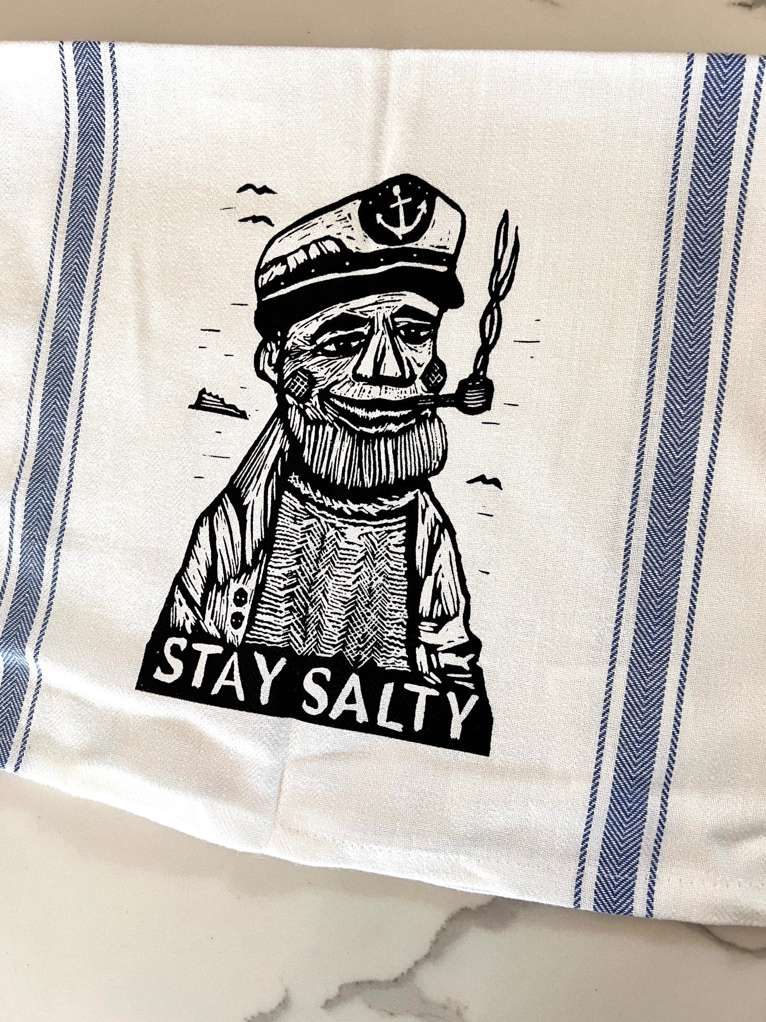STAY SALTY Wooden Boat Captain - tea towel all cotton kitchen cooking baking food - Towel